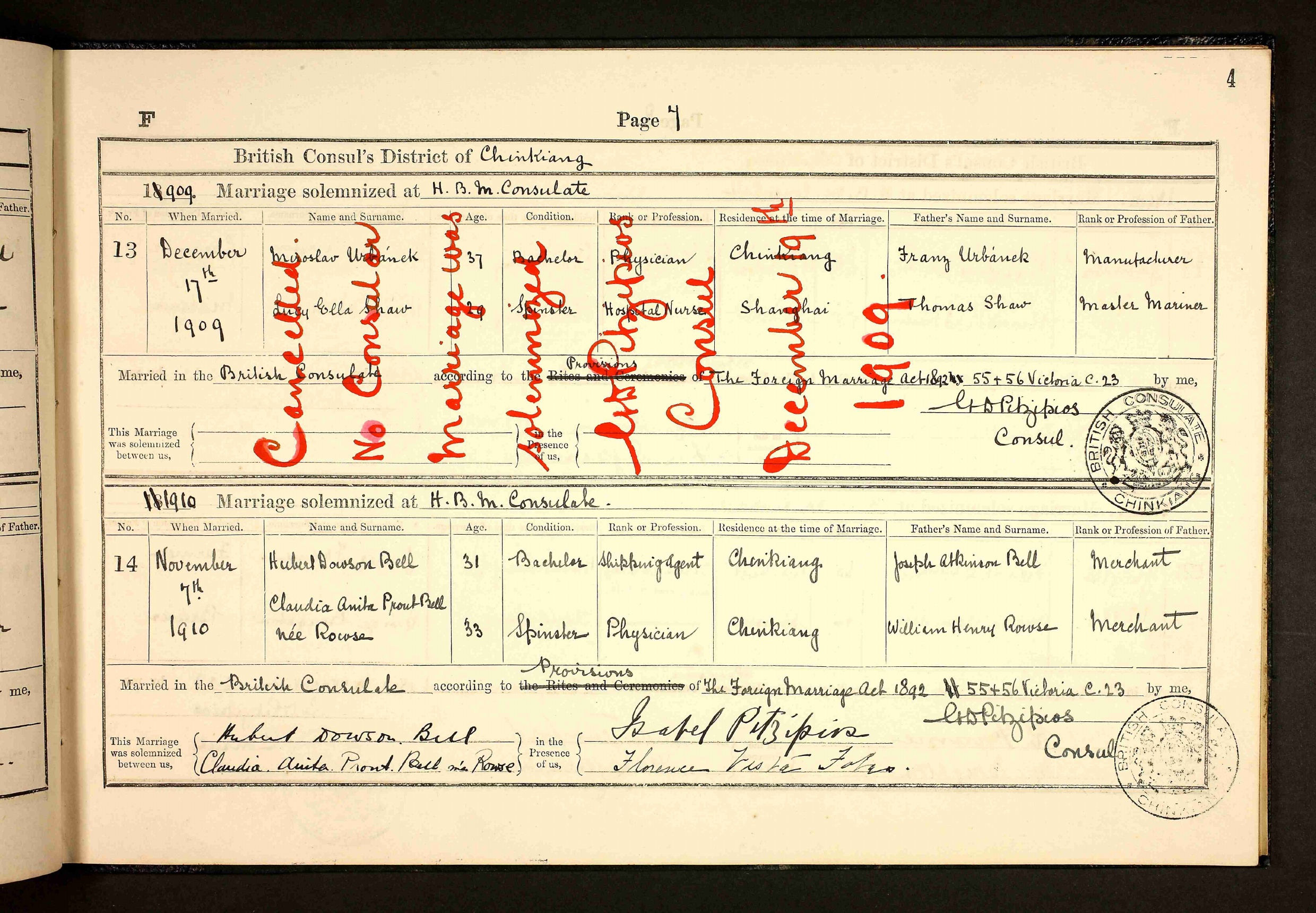 Heiratsregister-Seite mit rotem Annullierungsvermerk