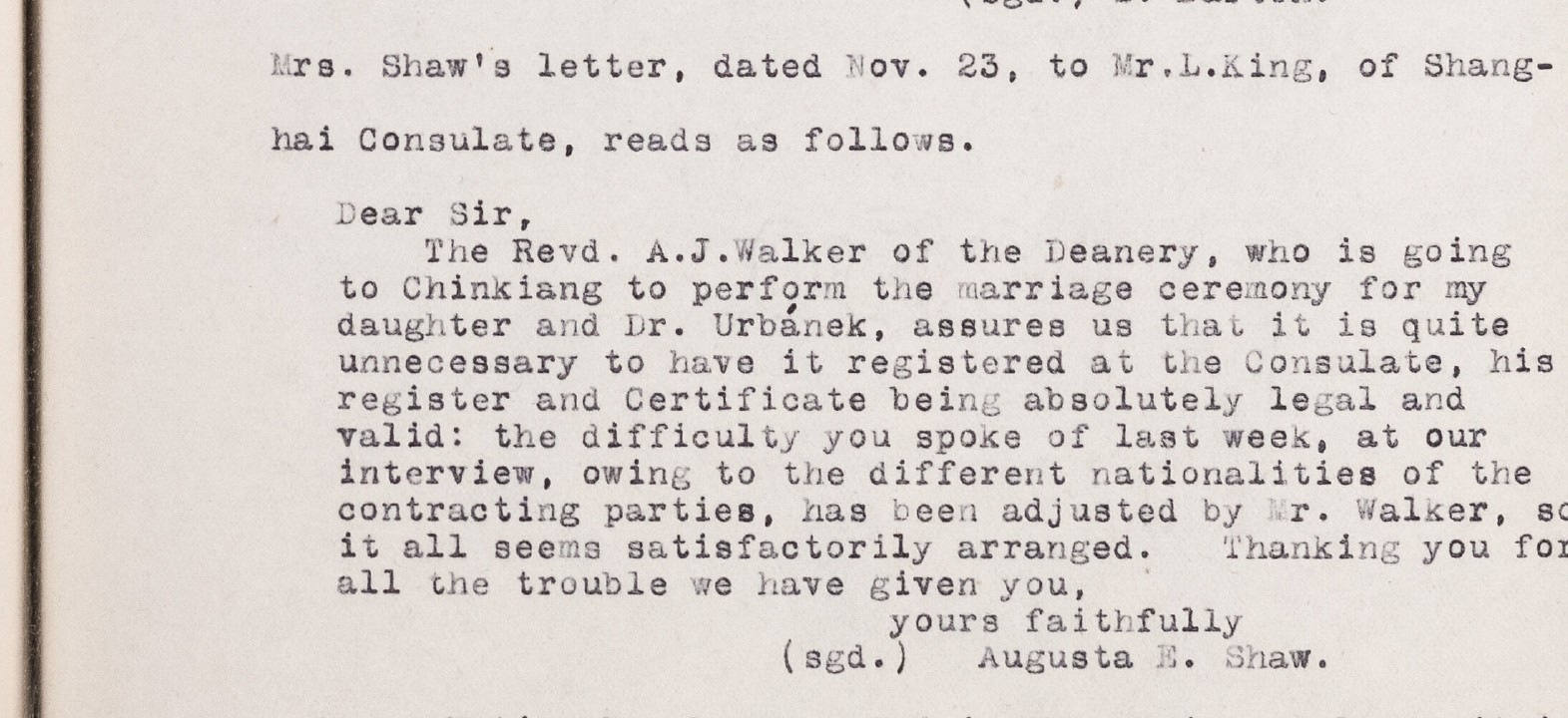 Maschinengeschriebener Brief von Augusta E. Shaw vom 23. November 1909