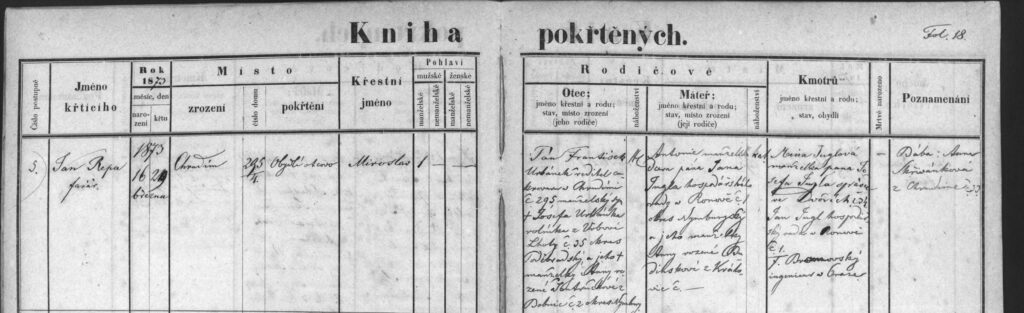 Taufeintrag von Miroslav Urbánek, 16. März 1873, Matrikenbuch Chrudim (Zeile 5)