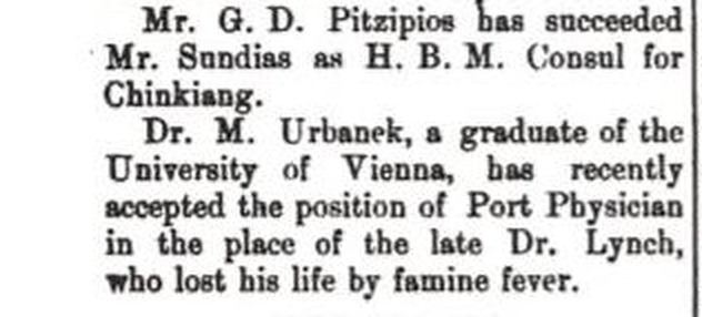North China Herald, 17.01.1908: Urbanek, Absolvent der Universität Wien, wird Port Physician in Chinkiang